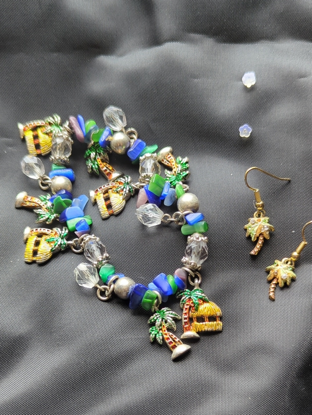 Vintage Whimsical Nautical Beach Palm Tree Charm Bracelet And Earrings